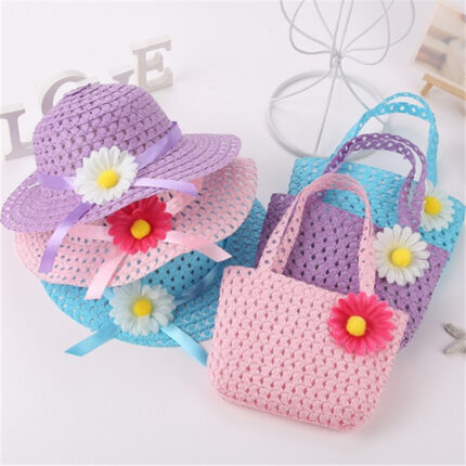 New Style Hat Handbag Set Sunflower Children's Straw Hat Handbag Set Girls Straw Sun Hat Beach Hat