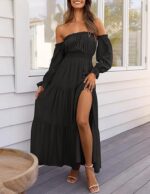 2026 Amazon Eaby European and American New Style Bohemian Sexy Off-Shoulder Dress with Pleated Side Slit Long Skirt - Image 10