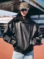Cross-Border European and American Women's Fashion 2025 Autumn New Stylish Street Style Double-Collar Versatile Lychee Pattern Faux Leather Jacket