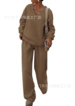 European and American Foreign Trade Cross-Border Women's Clothing Amazon Hot-Selling Autumn and Winter Knit V-Neck Sweatshirt and Wide-Leg Pants Casual Two-Piece Set - Image 8