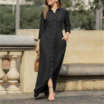 2025 European and American Cross-Border New Long Skirt Shirt Collar Pocket Large Hem Skirt Plus Size Casual Denim Dress - Image 3