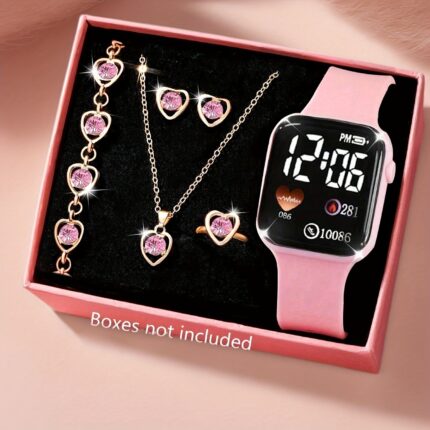 New Foreign Trade Hot-Selling Product: Korean-Style Simple and Compact Square Led Watch, Heart-Shaped Necklace, Earrings, and Ring Set