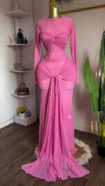 Europe and the United States cross-border women's clothing 2025 early spring new solid color long sleeve round neck chest tight temperament long dress - Image 9