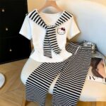 Girls' summer new suit contrast color shawl fake two pieces short sleeve middle and big children fitted waist pleated top Korean set