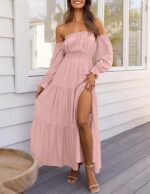 2026 Amazon Eaby European and American New Style Bohemian Sexy Off-Shoulder Dress with Pleated Side Slit Long Skirt - Image 8