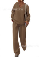 European and American Foreign Trade Cross-Border Women's Clothing Amazon Hot-Selling Autumn and Winter Knit V-Neck Sweatshirt and Wide-Leg Pants Casual Two-Piece Set - Image 3