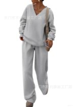 European and American Foreign Trade Cross-Border Women's Clothing Amazon Hot-Selling Autumn and Winter Knit V-Neck Sweatshirt and Wide-Leg Pants Casual Two-Piece Set - Image 11