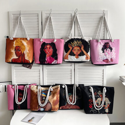 2025 Classic Outdoor Practical Versatile Retro Canvas Bag with Cartoon Print, Large Capacity Tote Beach Bag