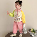 Girls Cartoon Spring Suit Children's Spring and Autumn New Contrast Color Mandarin Sleeve Fashionable Baby Dopamine Two-Piece Set - Image 5