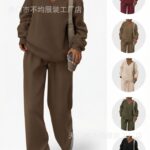 European and American Foreign Trade Cross-Border Women's Clothing Amazon Hot-Selling Autumn and Winter Knit V-Neck Sweatshirt and Wide-Leg Pants Casual Two-Piece Set