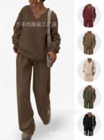 European and American Foreign Trade Cross-Border Women's Clothing Amazon Hot-Selling Autumn and Winter Knit V-Neck Sweatshirt and Wide-Leg Pants Casual Two-Piece Set