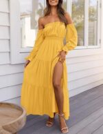 2026 Amazon Eaby European and American New Style Bohemian Sexy Off-Shoulder Dress with Pleated Side Slit Long Skirt - Image 7