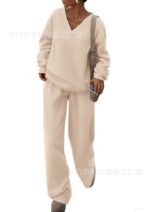 European and American Foreign Trade Cross-Border Women's Clothing Amazon Hot-Selling Autumn and Winter Knit V-Neck Sweatshirt and Wide-Leg Pants Casual Two-Piece Set - Image 12