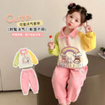 Girls Cartoon Spring Suit Children's Spring and Autumn New Contrast Color Mandarin Sleeve Fashionable Baby Dopamine Two-Piece Set - Image 2