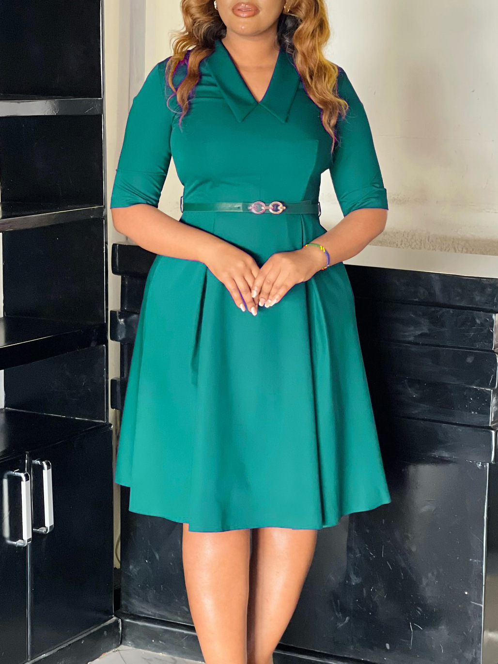 O1CN01NQcnxG1vvE9qeA7TY_2209289906234-0-cib C8637 European and American Cross-Border Amazon Plus Size Women's Autumn Fashion Elegant Pure Color Lapel African Dress - Image 1