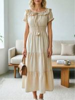 2026 European and American Cross-Border Trade New Fashion Solid Color Ruffled Strapless Dress with Puff Sleeves and Large Hem - Image 14