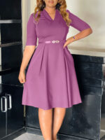 C8637 European and American Cross-Border Amazon Plus Size Women's Autumn Fashion Elegant Pure Color Lapel African Dress - Image 2