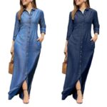 2025 European and American Cross-Border New Long Skirt Shirt Collar Pocket Large Hem Skirt Plus Size Casual Denim Dress - Image 5