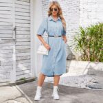 Cross-Border Foreign Trade Europe and America Women's Clothing Amazon Washed Loose Denim Short-Sleeved Long Dress Dress