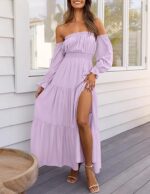 2026 Amazon Eaby European and American New Style Bohemian Sexy Off-Shoulder Dress with Pleated Side Slit Long Skirt - Image 9