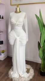 Europe and the United States cross-border women's clothing 2025 early spring new solid color long sleeve round neck chest tight temperament long dress - Image 8