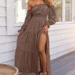 2026 Amazon Eaby European and American New Style Bohemian Sexy Off-Shoulder Dress with Pleated Side Slit Long Skirt