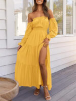2026 Amazon Eaby European and American New Style Bohemian Sexy Off-Shoulder Dress with Pleated Side Slit Long Skirt - Image 5