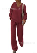 European and American Foreign Trade Cross-Border Women's Clothing Amazon Hot-Selling Autumn and Winter Knit V-Neck Sweatshirt and Wide-Leg Pants Casual Two-Piece Set - Image 7