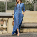 2025 European and American Cross-Border New Long Skirt Shirt Collar Pocket Large Hem Skirt Plus Size Casual Denim Dress - Image 4
