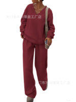 European and American Foreign Trade Cross-Border Women's Clothing Amazon Hot-Selling Autumn and Winter Knit V-Neck Sweatshirt and Wide-Leg Pants Casual Two-Piece Set - Image 2