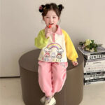 Girls Cartoon Spring Suit Children's Spring and Autumn New Contrast Color Mandarin Sleeve Fashionable Baby Dopamine Two-Piece Set - Image 4