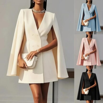 2025 European and American Amazon Cross-Border Autum Work Clothing Double-Breasted Shawl Cloak Pure Color Suit Dress Women's Clothing