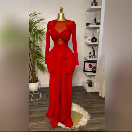 Europe and the United States cross-border women's clothing 2025 early spring new solid color long sleeve round neck chest tight temperament long dress