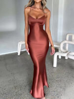 New Amazon Cross-border Women's Sexy Sling Satin Fashion Backless Strap Tight Waist Evening Dress dress - Image 3