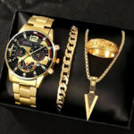 Men's Watch Trend Fashion Fake Three Eyes Calendar Watch 4 Pieces/Set Men's Black Minimalist Quartz Watch suit