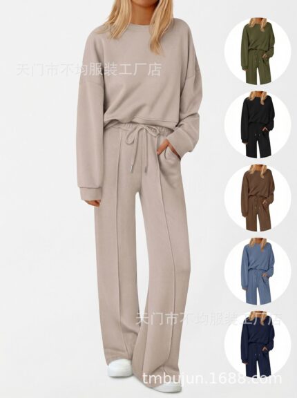 European and American Foreign Trade Cross-Border Women's Clothing Amazon Hot-Selling Autumn and Winter Knitted Sweatshirt and Wide-Leg Pants Casual Two-Piece Set