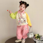 Girls Cartoon Spring Suit Children's Spring and Autumn New Contrast Color Mandarin Sleeve Fashionable Baby Dopamine Two-Piece Set - Image 3