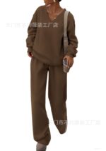 European and American Foreign Trade Cross-Border Women's Clothing Amazon Hot-Selling Autumn and Winter Knit V-Neck Sweatshirt and Wide-Leg Pants Casual Two-Piece Set - Image 6
