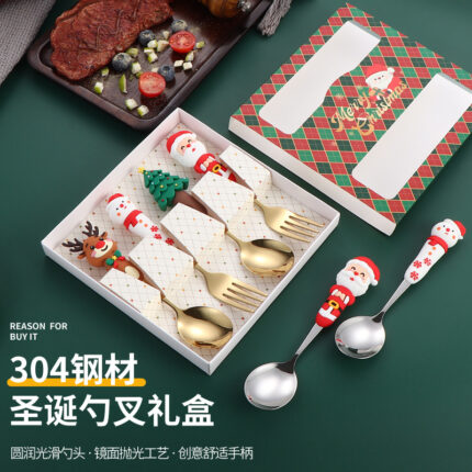 Cross Border Christmas Tableware suit Stainless Steel Christmas Spoon Cartoon Santa Claus Dessert Spoon Fork Holiday Gift Box