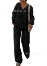 European and American Foreign Trade Cross-Border Women's Clothing Amazon Hot-Selling Autumn and Winter Knit V-Neck Sweatshirt and Wide-Leg Pants Casual Two-Piece Set - Image 10