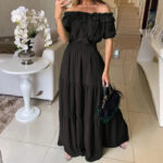 2026 European and American Cross-Border Trade New Fashion Solid Color Ruffled Strapless Dress with Puff Sleeves and Large Hem - Image 10