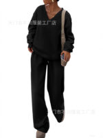 European and American Foreign Trade Cross-Border Women's Clothing Amazon Hot-Selling Autumn and Winter Knit V-Neck Sweatshirt and Wide-Leg Pants Casual Two-Piece Set - Image 5