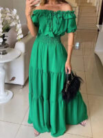 2026 European and American Cross-Border Trade New Fashion Solid Color Ruffled Strapless Dress with Puff Sleeves and Large Hem - Image 3