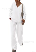 European and American Foreign Trade Cross-Border Women's Clothing Amazon Hot-Selling Autumn and Winter Knit V-Neck Sweatshirt and Wide-Leg Pants Casual Two-Piece Set - Image 13