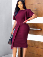 D311 Foreign Trade Women's 2024 Summer New Solid Color High Waist Elegant Commuter Lotus Sleeve Office European and American Dress - Image 2