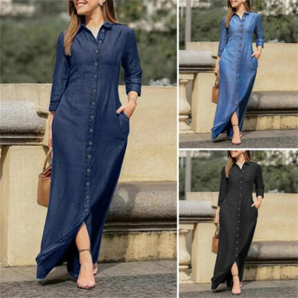 2025 European and American Cross-Border New Long Skirt Shirt Collar Pocket Large Hem Skirt Plus Size Casual Denim Dress