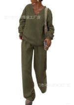 European and American Foreign Trade Cross-Border Women's Clothing Amazon Hot-Selling Autumn and Winter Knit V-Neck Sweatshirt and Wide-Leg Pants Casual Two-Piece Set - Image 9